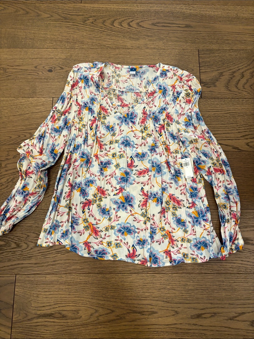 Old Navy White Floral Peasant Blouse with Blue and Pink Bloom Print